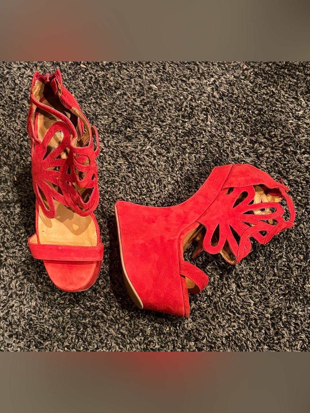 Jeffrey Campbell Red Suede Hi Wedge Peep Toe Sandal Size 7.5